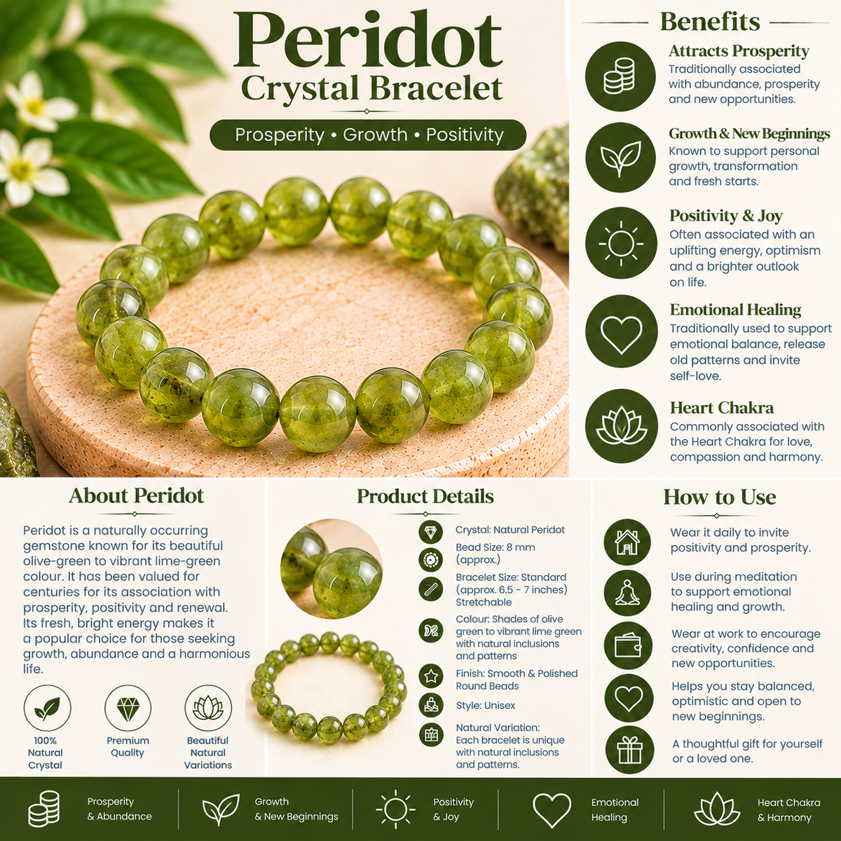 Natural Peridot Crystal Bracelet | 8mm | Prosperity, Growth & Positivity (Certified and Pre-energized)