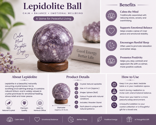 Natural Lepidolite Crystal Ball | Purple Lepidolite Sphere | Calm & Emotional Balance (With Certificate and Pre-energized)