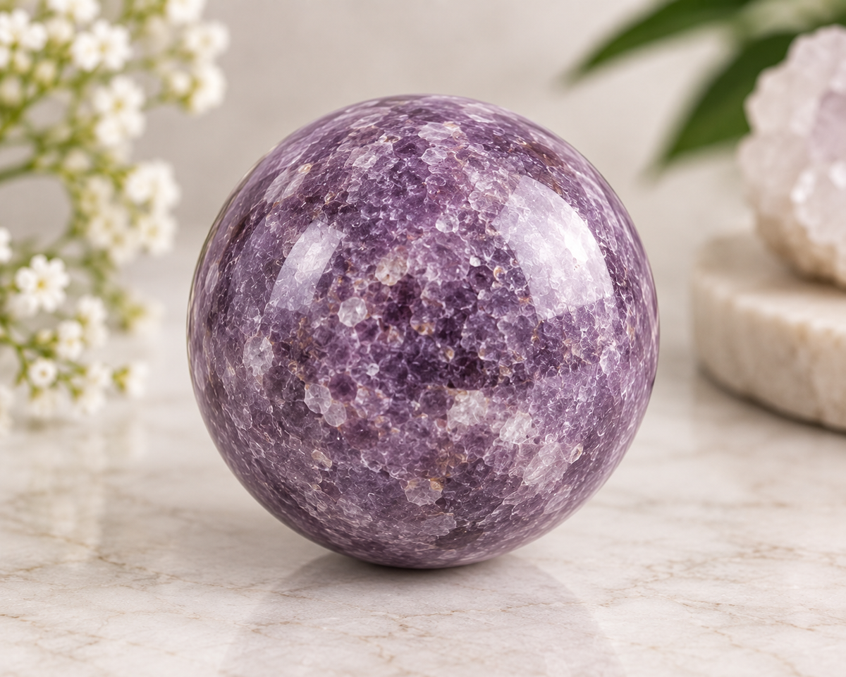 Natural Lepidolite Crystal Ball | Purple Lepidolite Sphere | Calm & Emotional Balance (With Certificate and Pre-energized)