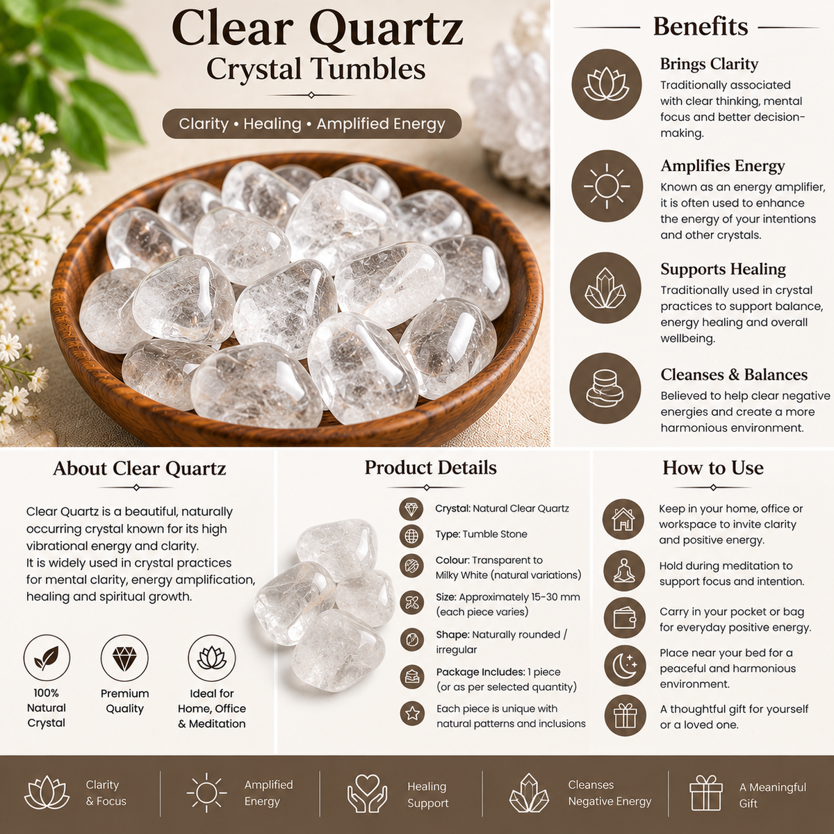 Natural Clear Quartz Crystal Tumbles | Clarity, Amplification & Positive Energy | 50 Grams (3 to 5 tumbles)