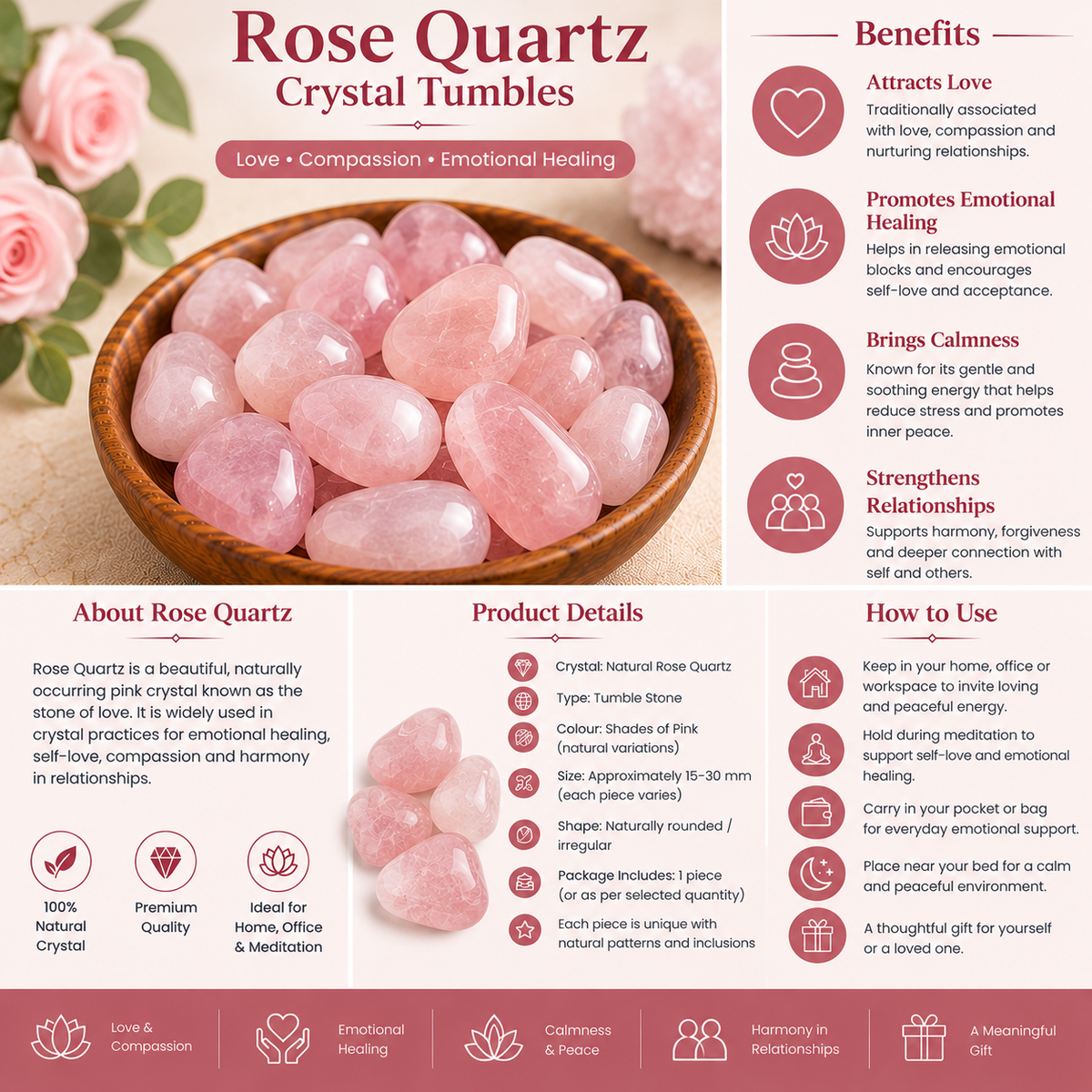 Natural Rose Quartz Crystal Tumbles | Love, Self-Love & Emotional Balance | 50 Grams (3 to 5 tumbles)