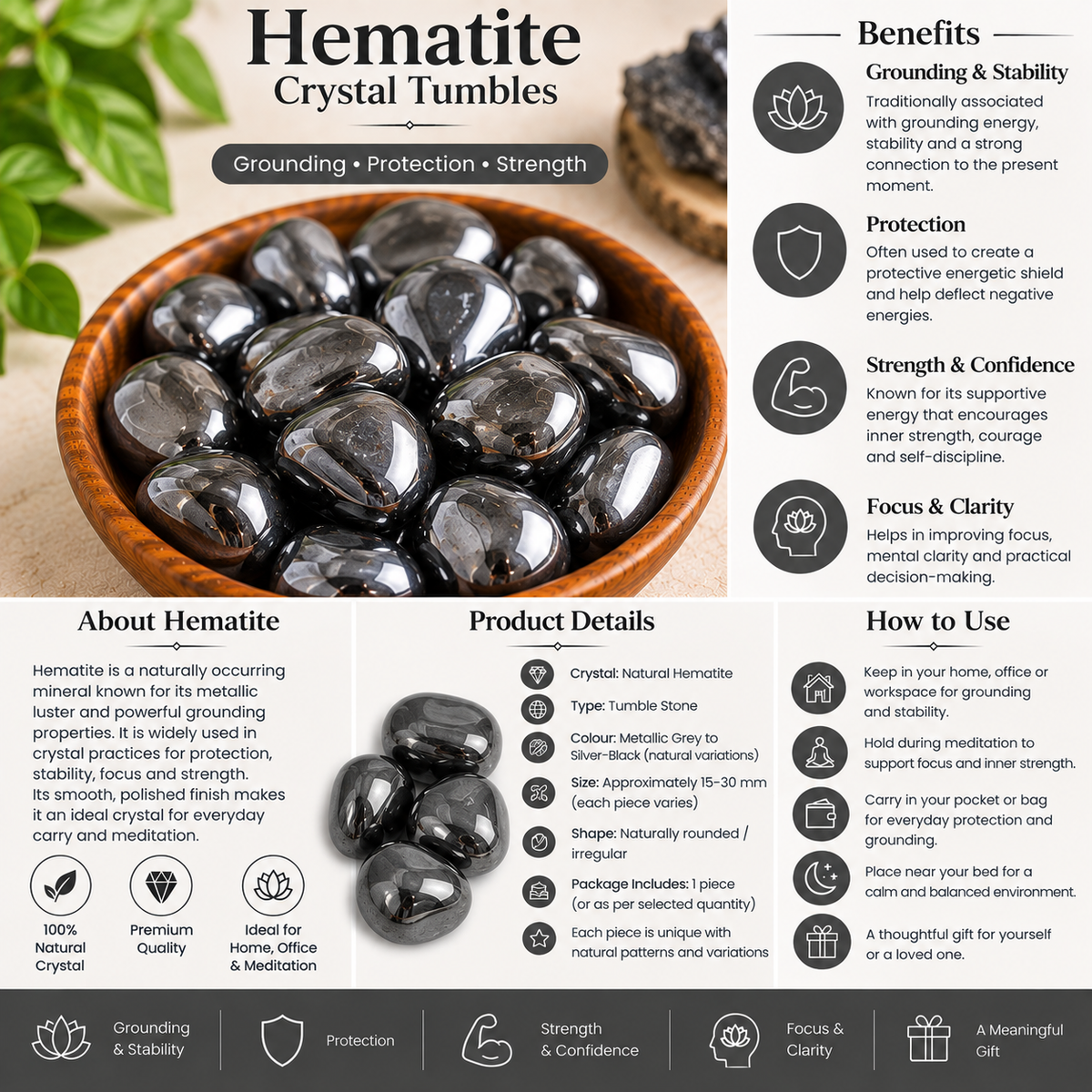 Natural Hematite Crystal Tumbles | Grounding, Protection & Strength | 50 Grams (3 to 5 tumbles)