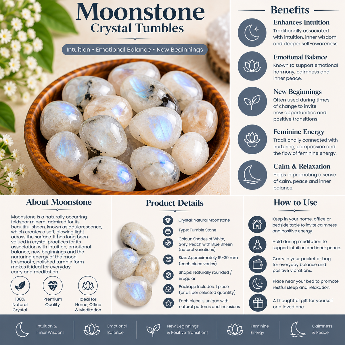 Natural Moonstone Crystal Tumbles | Intuition, Emotional Balance & New Beginnings | 50 Grams (3 to 5 tumbles)