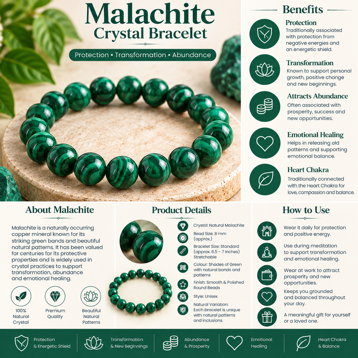 Natural Malachite Crystal Bracelet | Protection, Transformation & Abundance (Certified and Pre-energized)