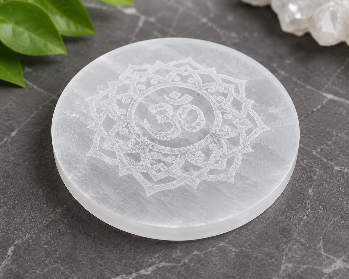 Natural Selenite Crystal Plate with Om Mandala | 3.5 Inch | Crystal Cleansing & Recharging (Certified and Pre-energized)