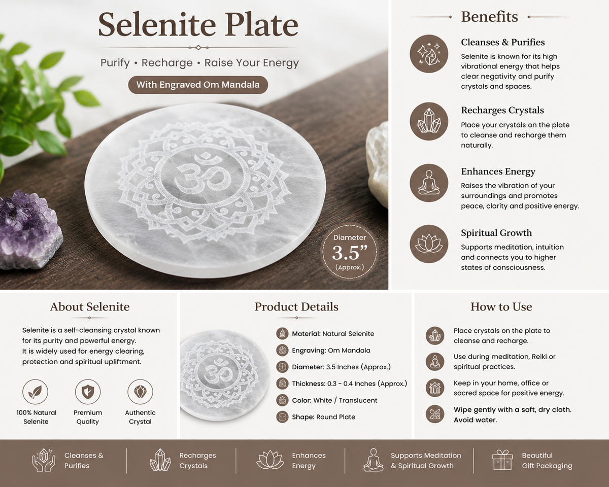 Natural Selenite Crystal Plate with Om Mandala | 3.5 Inch | Crystal Cleansing & Recharging (Certified and Pre-energized)