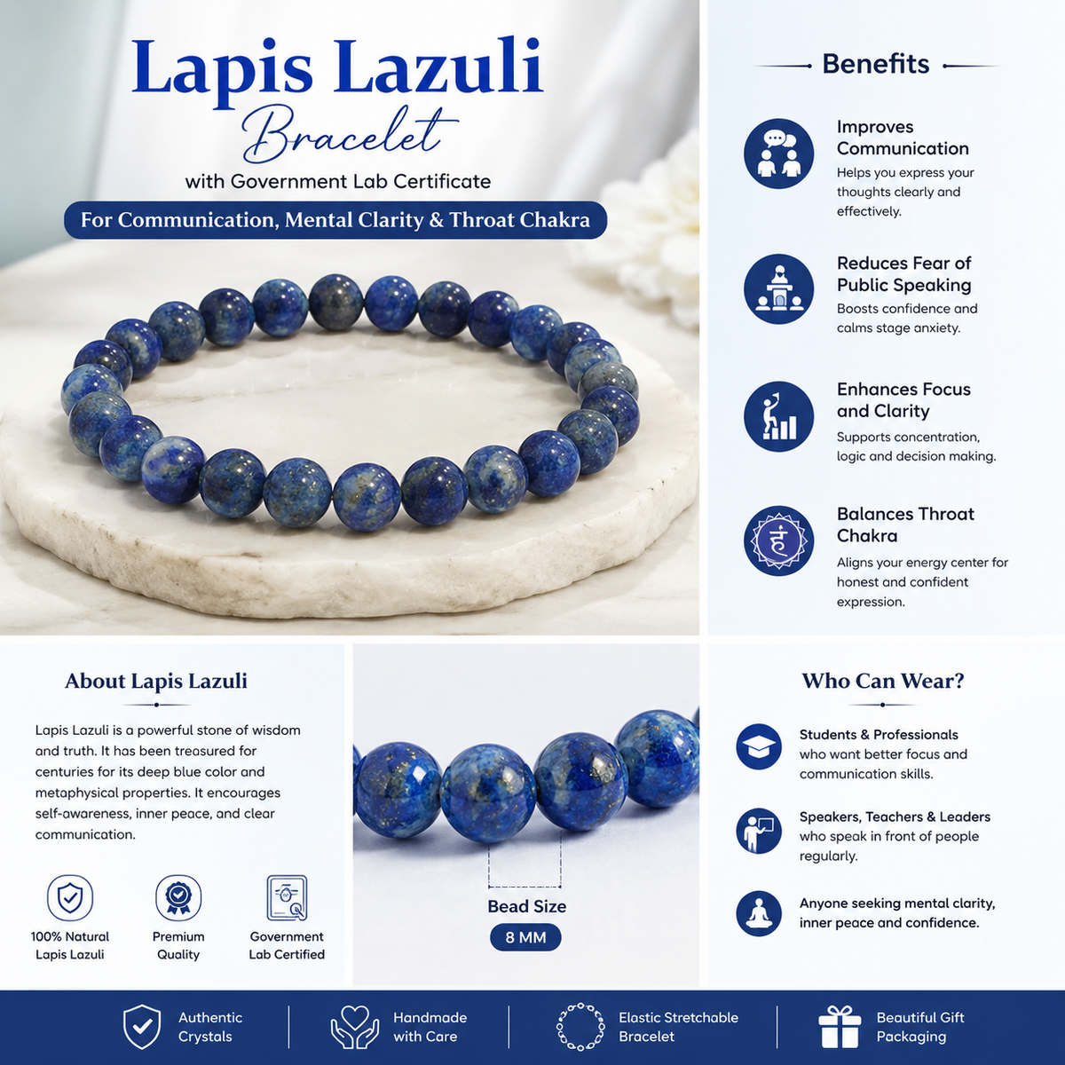 Natural Lapis Lazuli Crystal Bracelet for Clarity & Throat Chakra (Certified and Pre-energized)