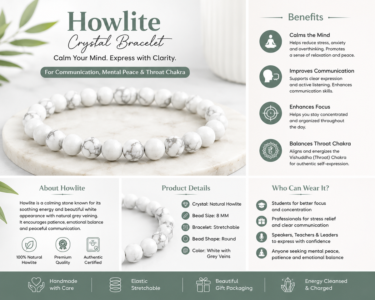 Natural Howlite Crystal Bracelet | Calm, Clarity (Certified and Pre-energized)