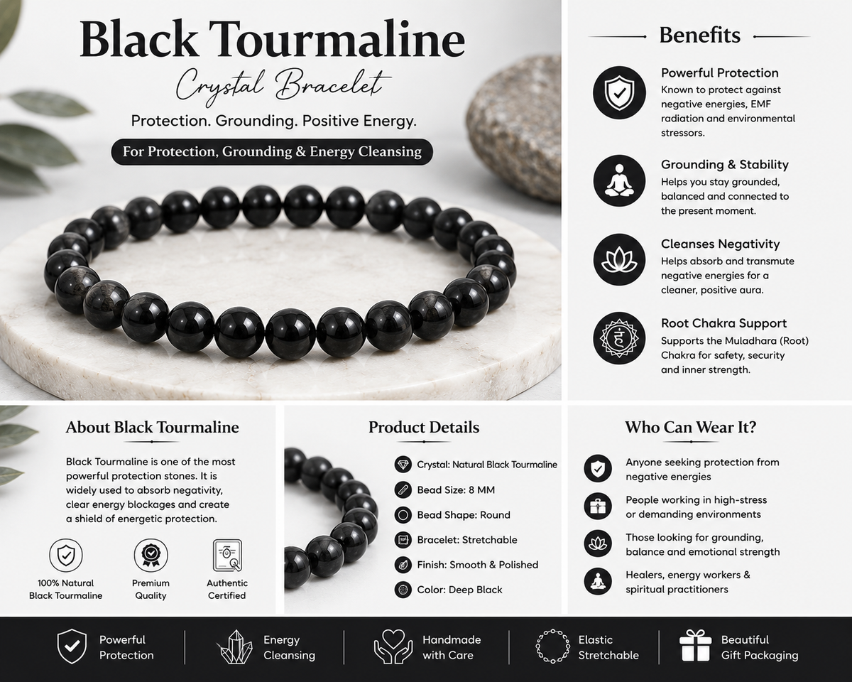 Natural Black Tourmaline Crystal Bracelet | Protection & Grounding (Certified and Pre-energized)
