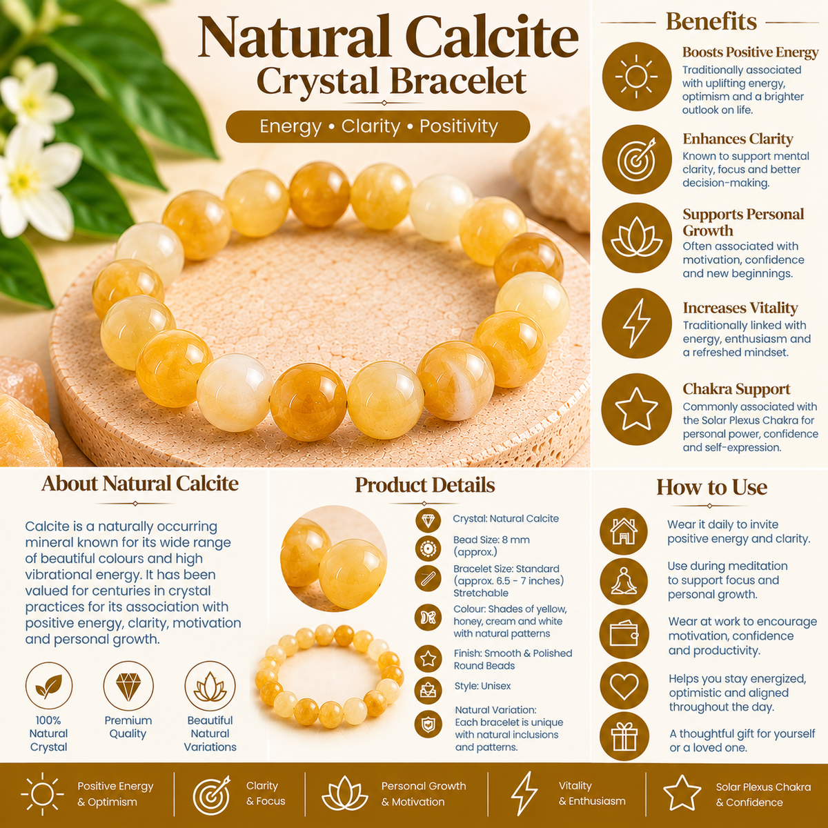 Natural Calcite Crystal Bracelet | 8mm | Clarity, Positivity & Motivation (Certified and Pre-energized)