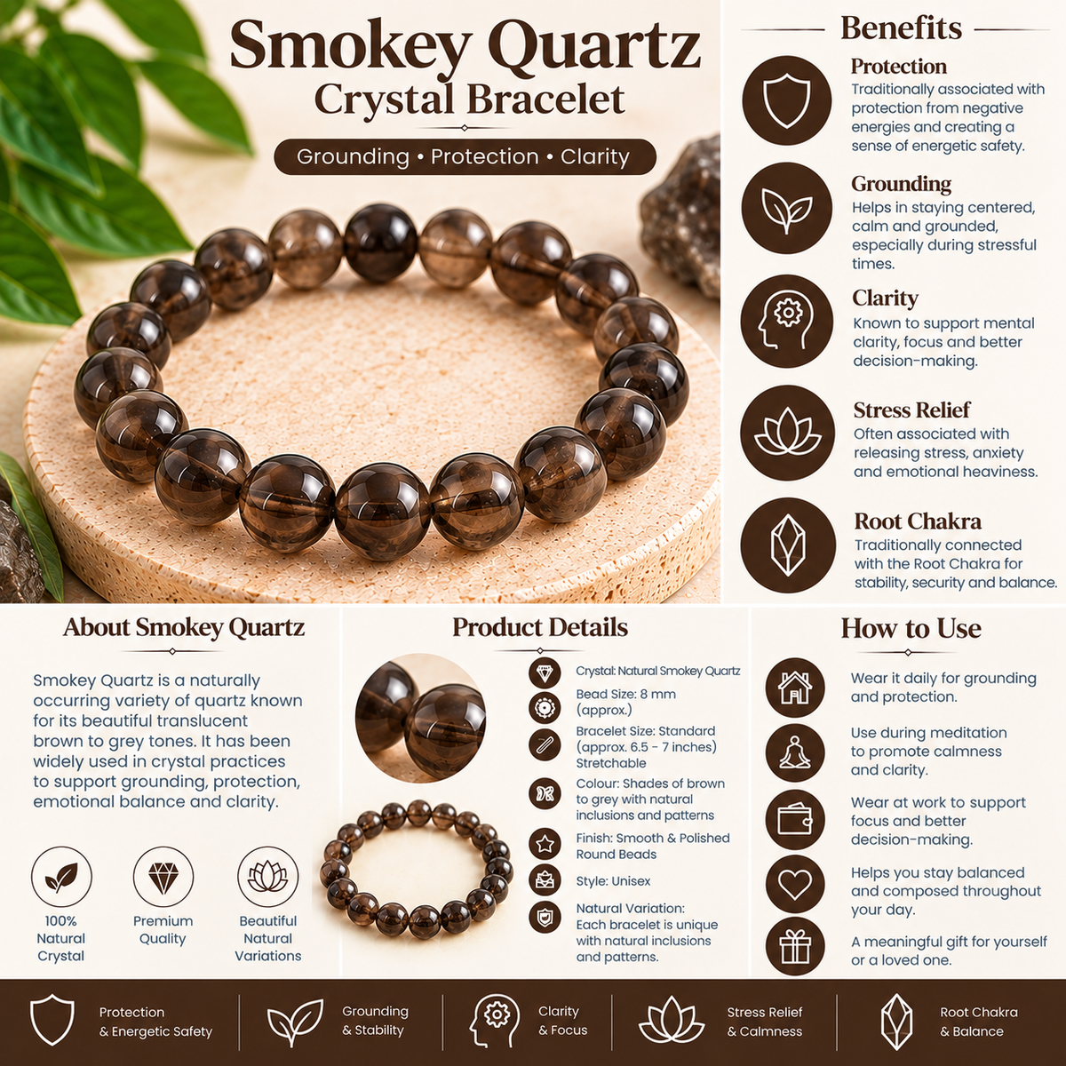 Natural Smoky Quartz Crystal Bracelet | 8mm | Grounding & Clarity (Certified and Pre-energized)
